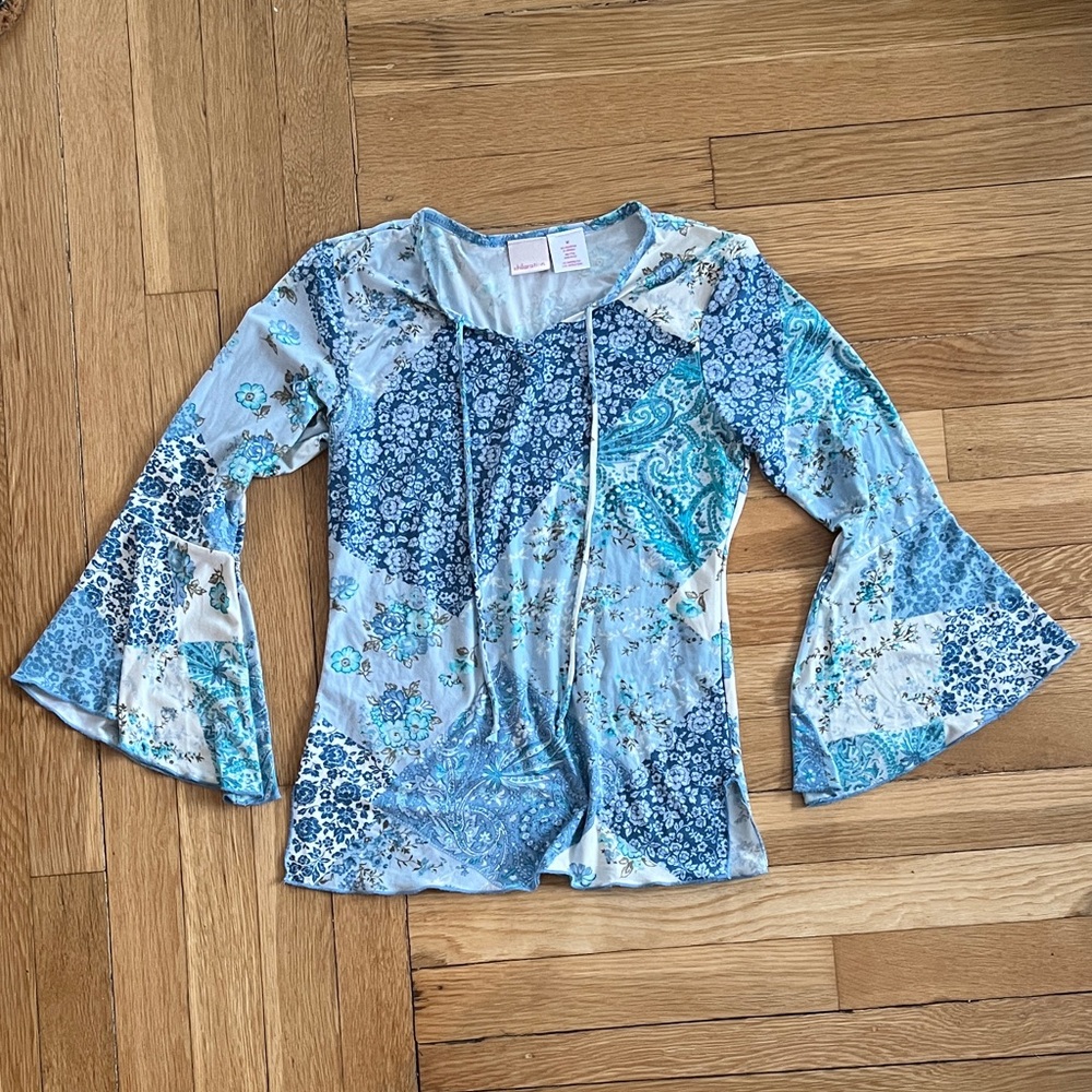 Xhilaration Blue Patchwork Bell-Sleeve Top